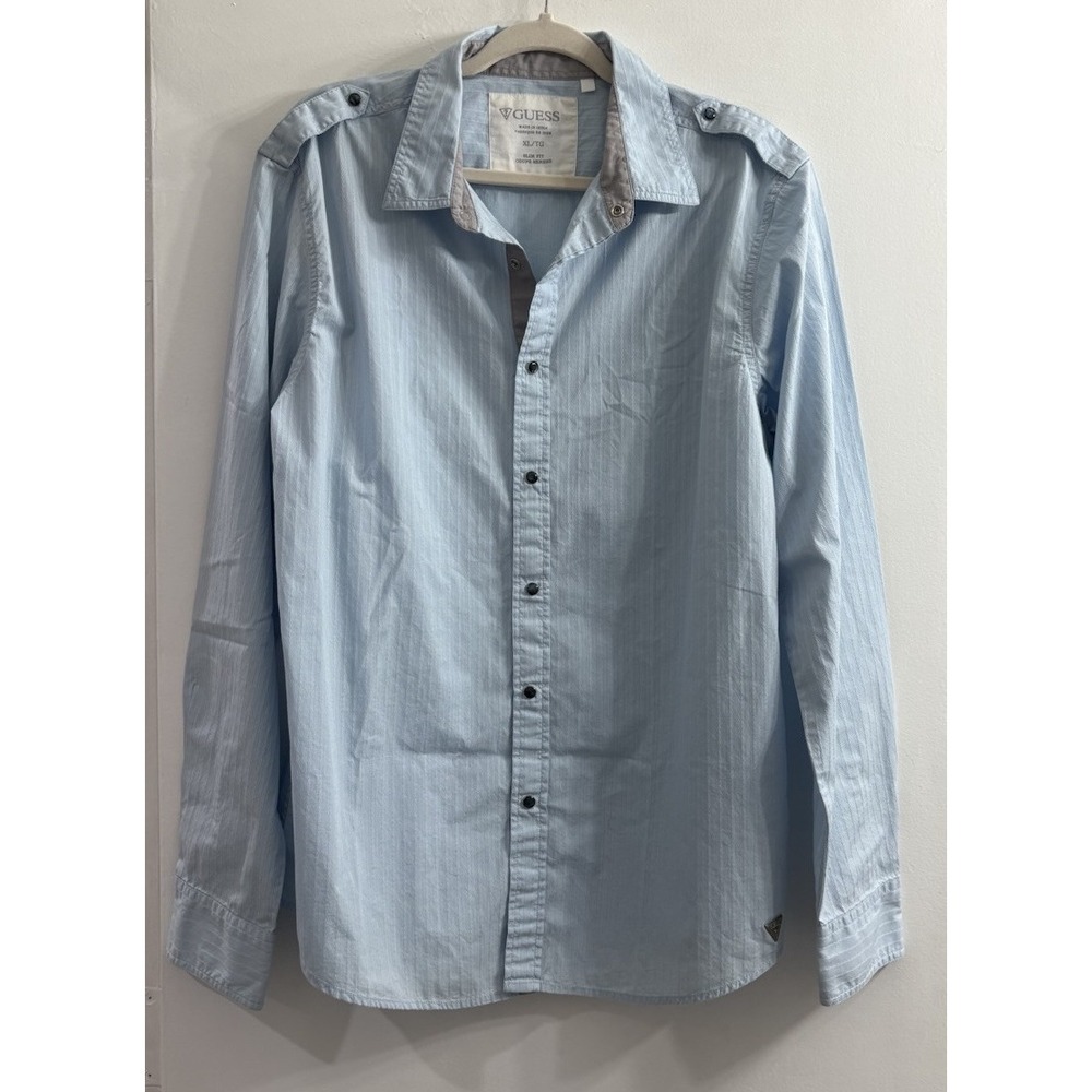GUESS Mens XL Light Blue Pearl Snap Western Shirt Slim Fit Cowboy Long Sleeve